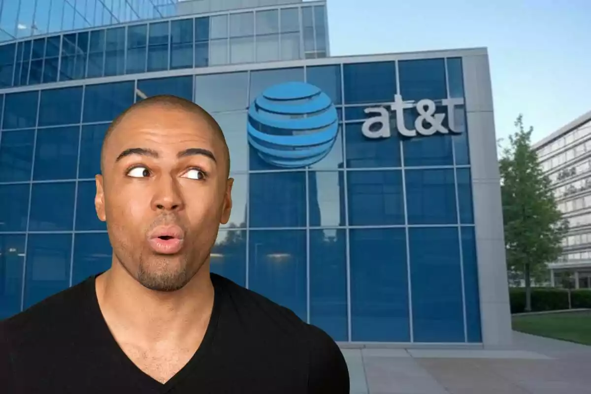A man with a surprised expression in front of an AT&T building.