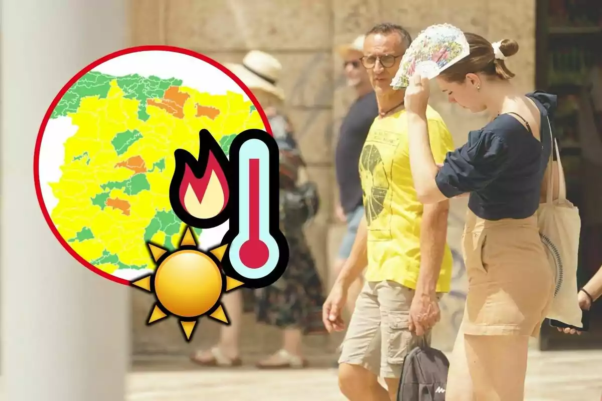 Personas caminando bajo el sol con un mapa de alerta de calor y símbolos de alta temperatura y riesgo de incendio.