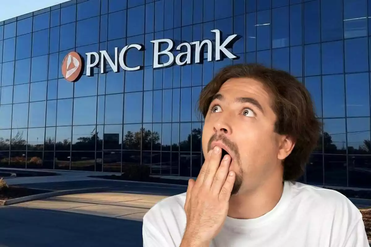 A man with a surprised expression in front of a PNC Bank building. A man with a surprised expression in front of a PNC Bank building.
