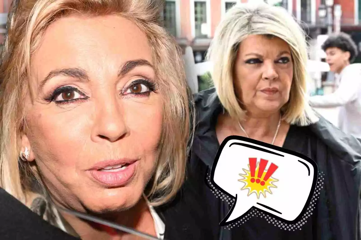 Carmen Borrego y Terelu Campos con expresiones serias y un bocadillo de cómic con signos de exclamación en el centro de la imagen