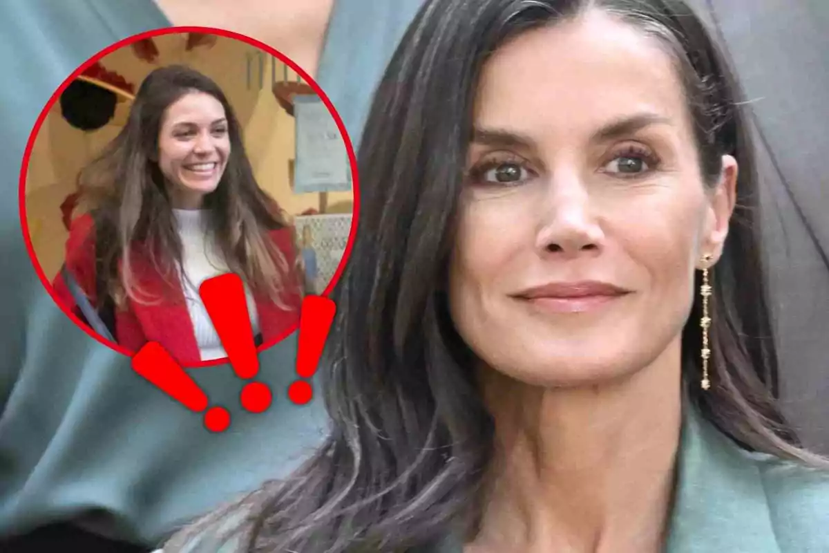 Primer plano de la reina Letizia con cabello oscuro con expresión seria y un círculo rojo que resalta a Eva Fernández sonriente en el fondo junto a signos de exclamación en color rojo