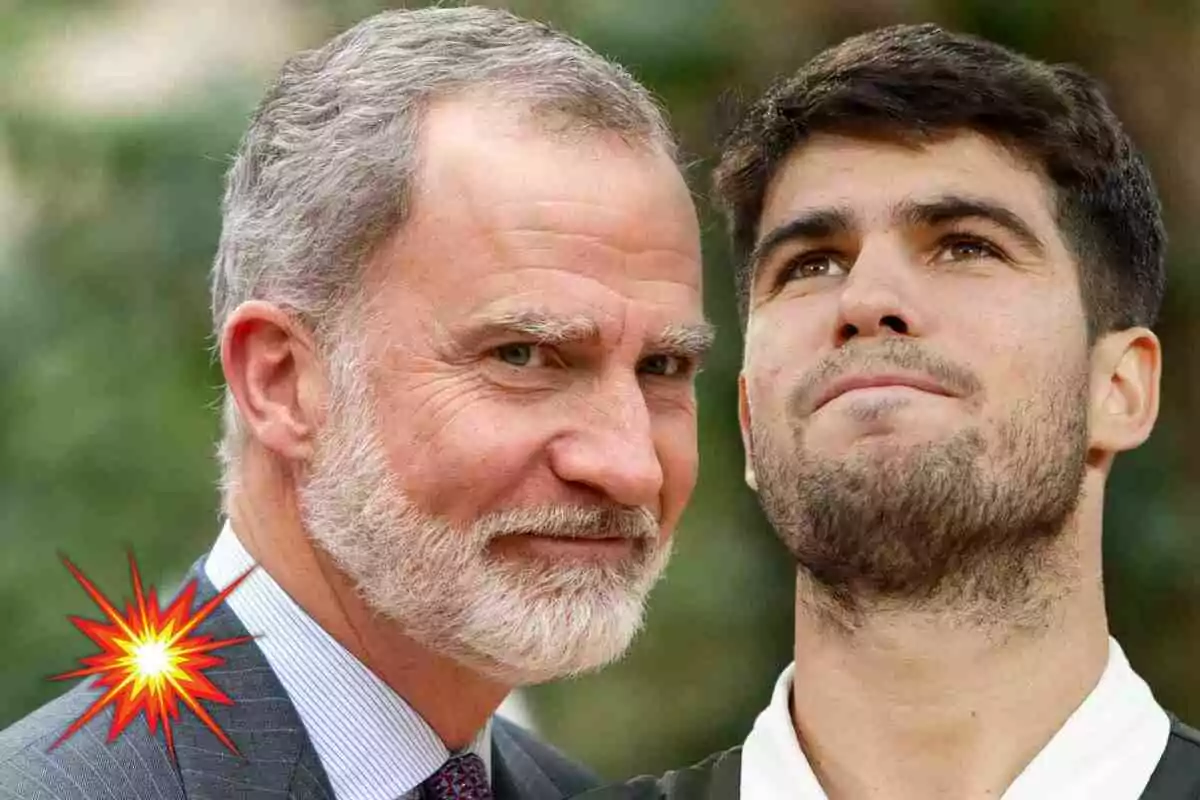 El rey Felipe VI con barba y Carlos Alcaraz con barba corta aparecen juntos en primer plano con un destello de explosión en la esquina izquierda sobre un fondo desenfocado de naturaleza