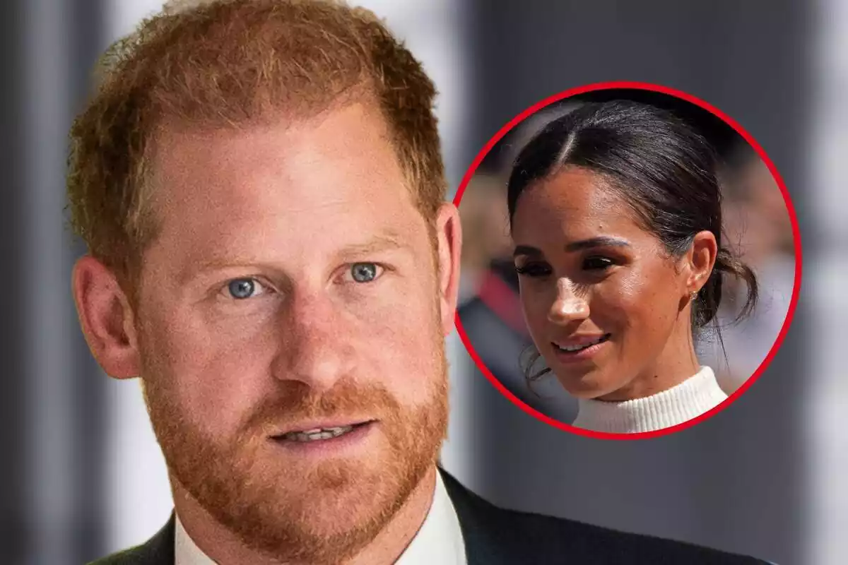 Montaje de fotos de primer plano del príncipe Harry y, al lado, una imagen de su mujer, Meghan Markle con rostro sonriente