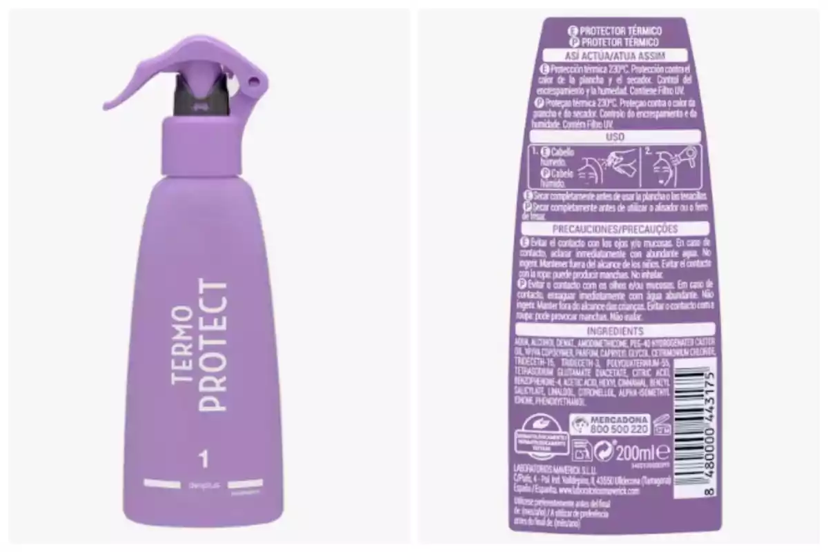 Botella de spray protector térmico para el cabello de color morado de Mercadona con instrucciones y precauciones en la parte posterior.