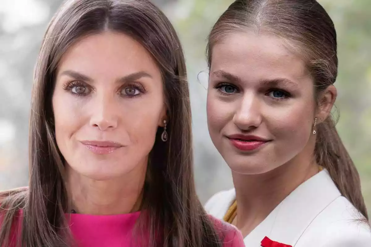 Montaje de fotos de primer plano de la reina Letizia Ortiz y su hija, la princesa de Asturias, Leonor de Borbón, ambas con rostro serio