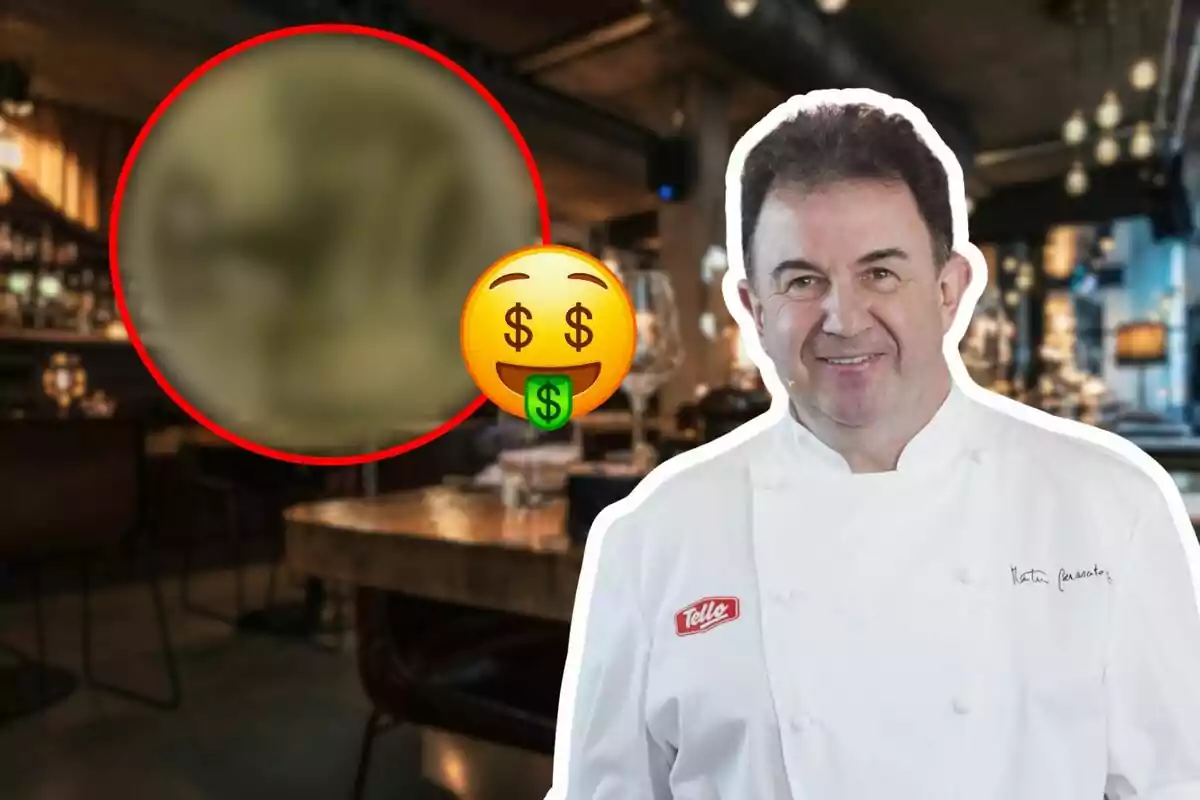 Un chef sonriente con un emoji de dinero en un restaurante.