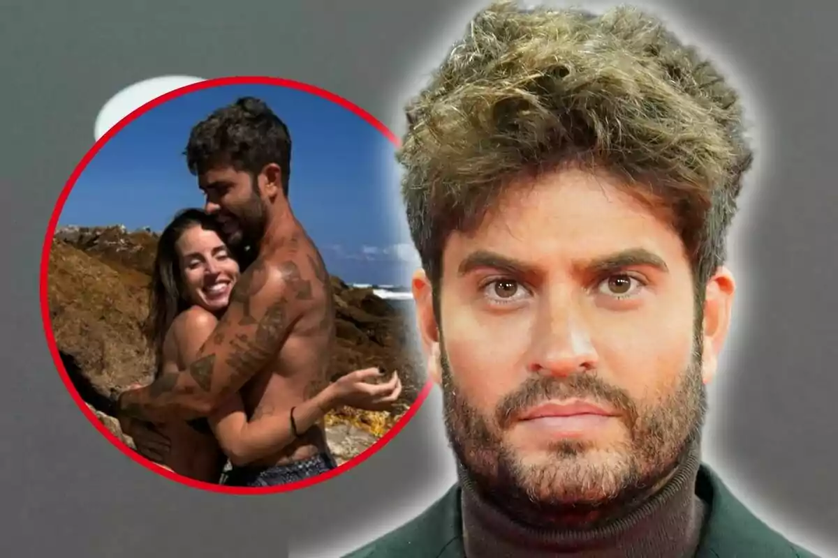 Rodri Fuertes con barba y cabello rizado aparece en primer plano, mientras que en un círculo rojo detrás de él se ve una foto de él abrazándose con Marta Castro en la playa.