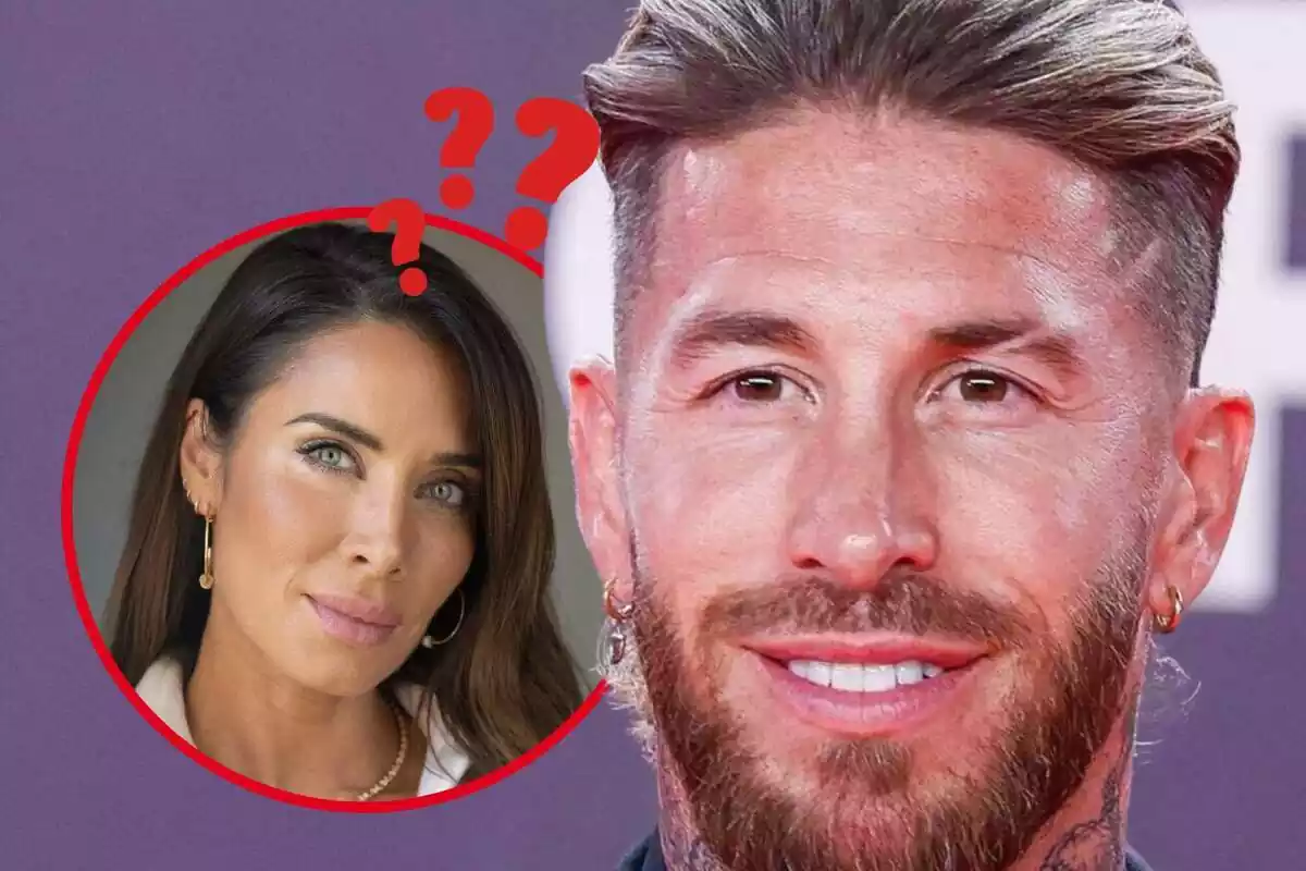 Montaje de fotos de primer plano de Sergio Ramos sonriente y, al lado, Pilar Rubio con rostro serio