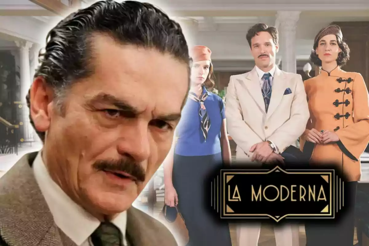 Imagen promocional de la serie "La Moderna" con un primer plano de Carles Sanjaime y tres personas del elenco de la serie en el fondo, dos mujeres y un hombre, todos vestidos con ropa de época.