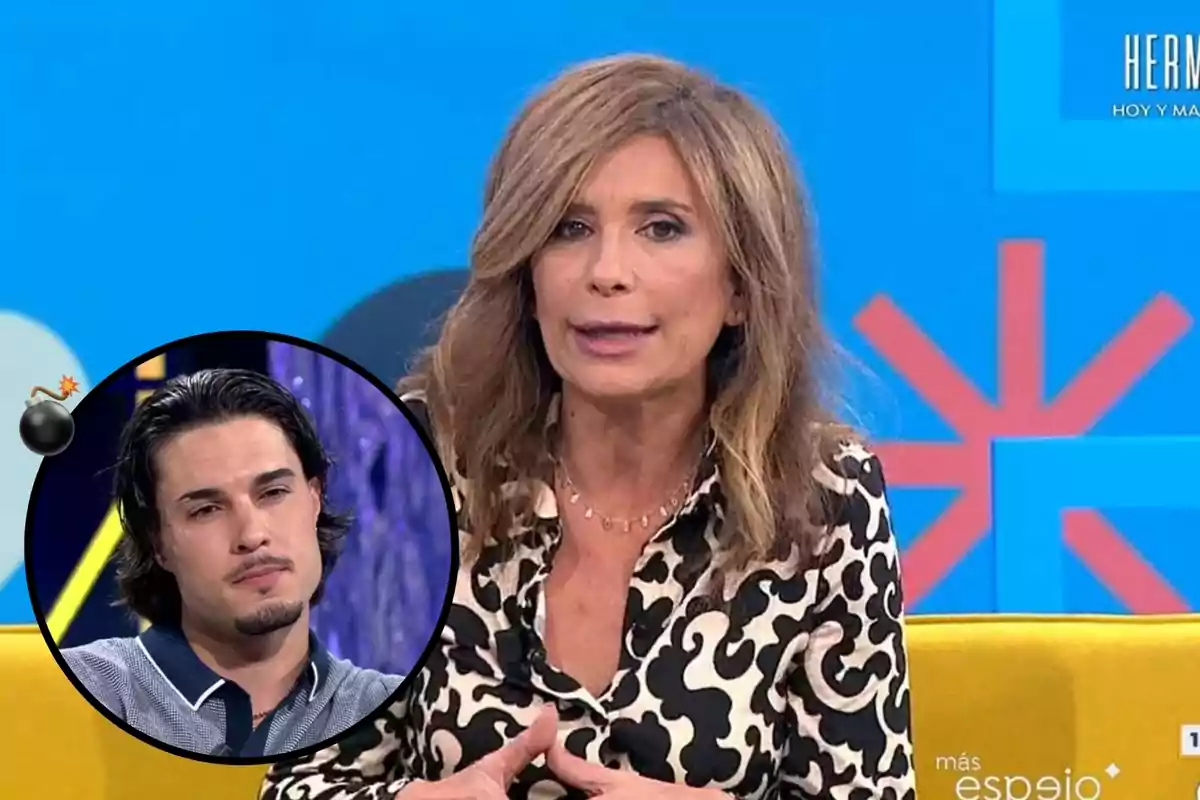 Mujer hablando en un programa de televisión con la imagen de un hombre en un círculo superpuesto.