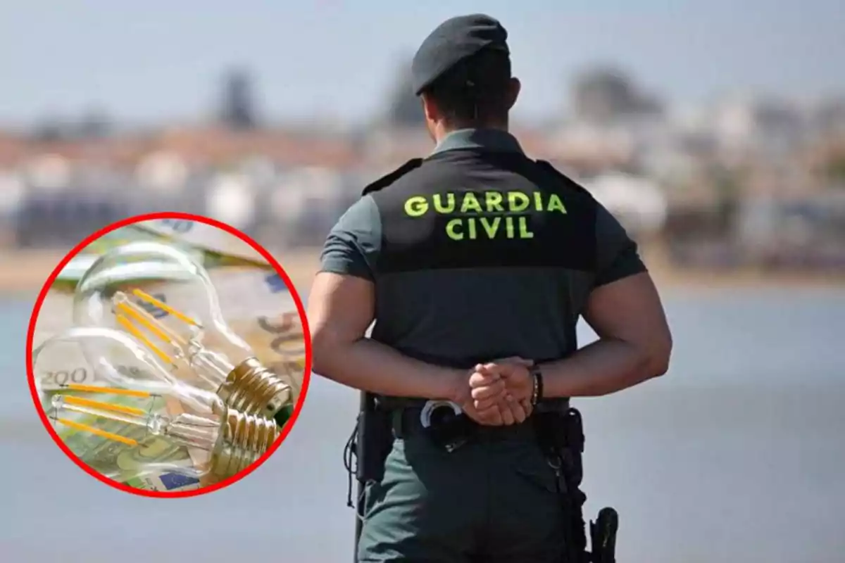 montaje de guardia civil de espaldas con bombillas encima de dinero dentro de un círculo rojo