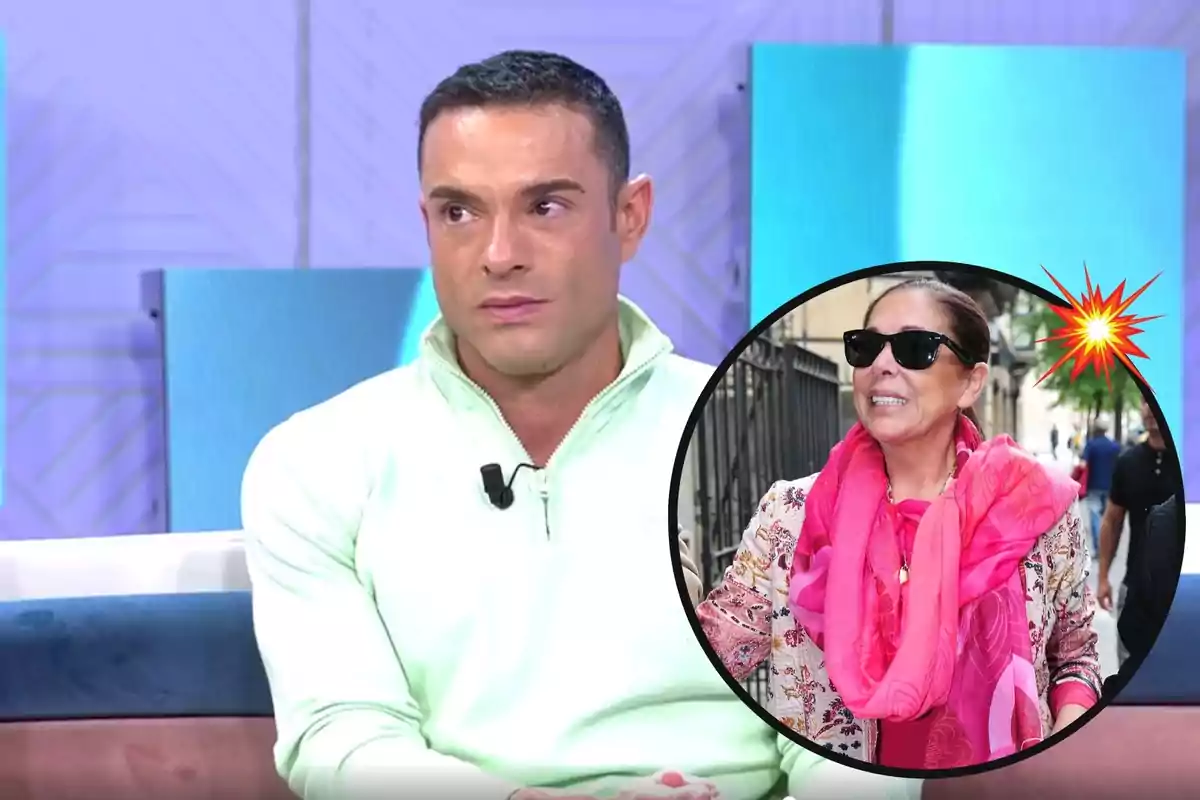 Hombre con suéter verde claro en un set de televisión, con una imagen circular de una mujer con gafas de sol y bufanda rosa en la esquina inferior derecha.