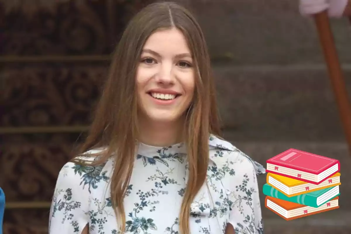 A smiling young woman with long straight hair, wearing a floral blouse, with a stacked books icon in the bottom right corner. A smiling young woman with long straight hair, wearing a floral blouse, with a stacked books icon in the bottom right corner.