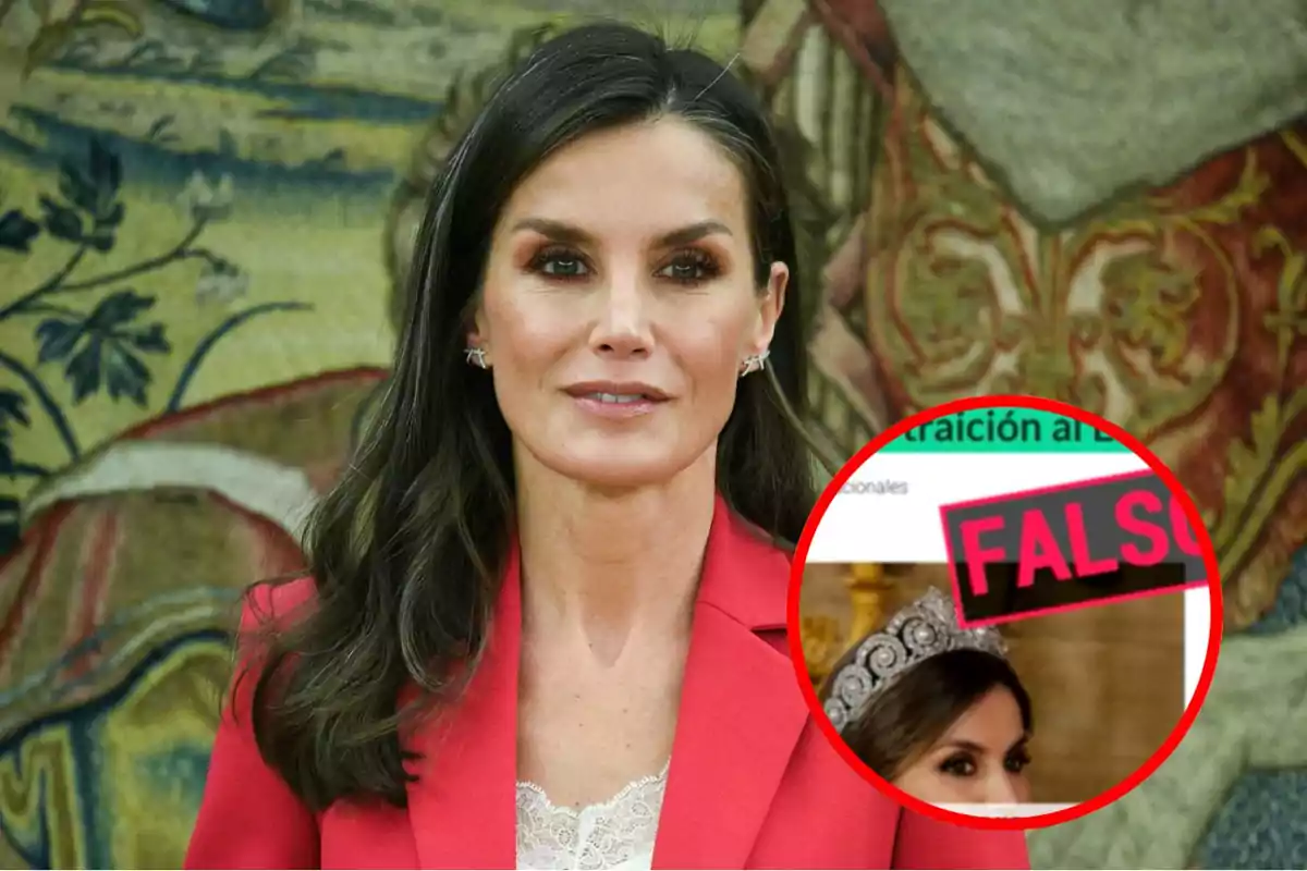 montaje de la reina letizia con una imagen desmintiendo el bulo dentro de un circulo rojo