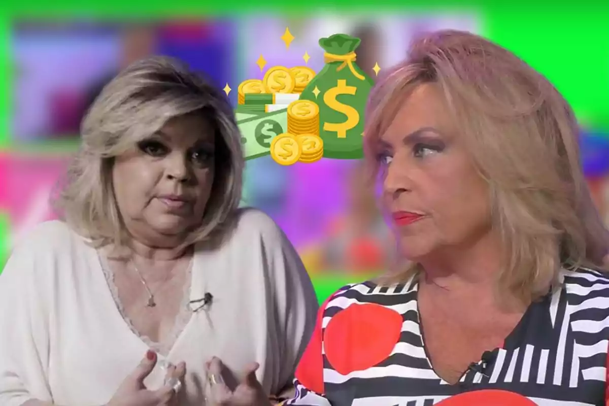 Dos mujeres rubias en un fondo colorido con un gráfico de dinero entre ellas.