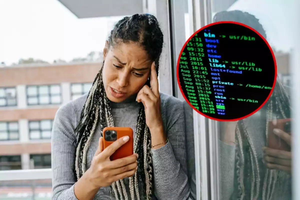 Mujer preocupada mirando su teléfono con una ventana de código en la esquina superior derecha.