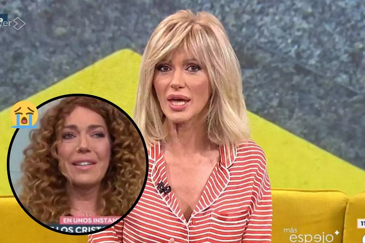 Una mujer rubia con una camisa de rayas rojas y blancas está hablando en un programa de televisión, mientras que en un círculo superpuesto se muestra a otra mujer con cabello rizado y un emoji de llanto.
