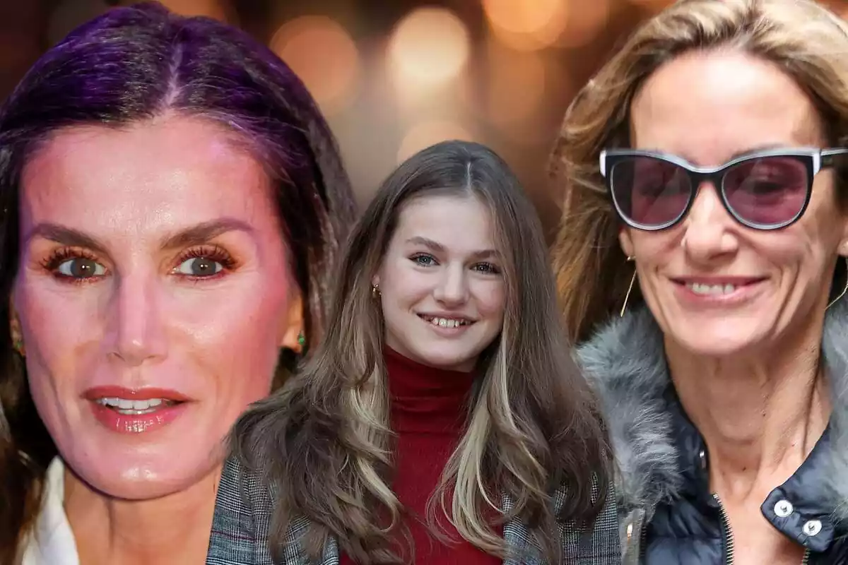 Montage of Leonor in the center of the image smiling and on the sides Letizia and Telma Ortiz pointing their gaze towards her