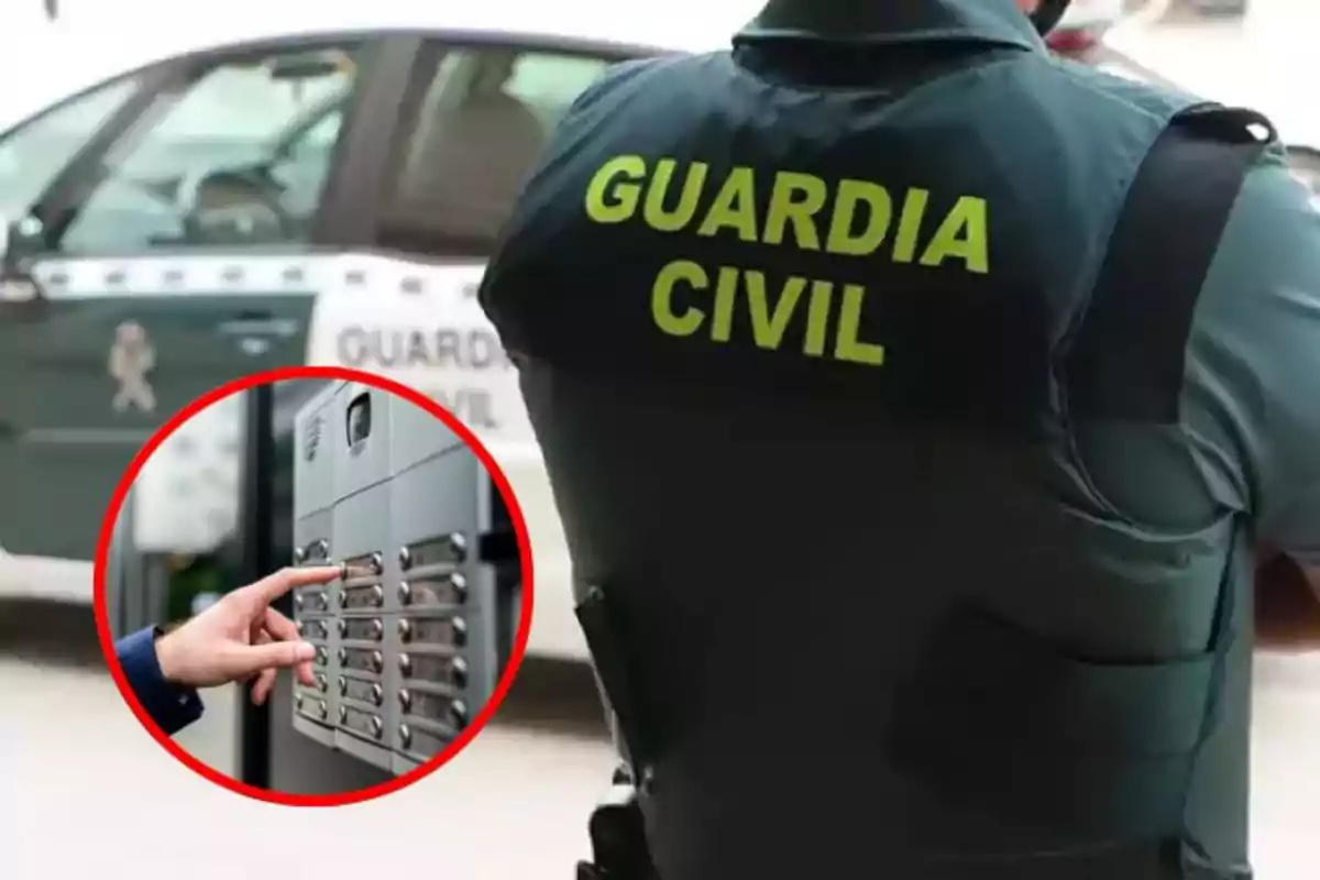 montaje de un guardia civil de espaldas con imagen tocando un telefonillo dentro de un circulo rojo