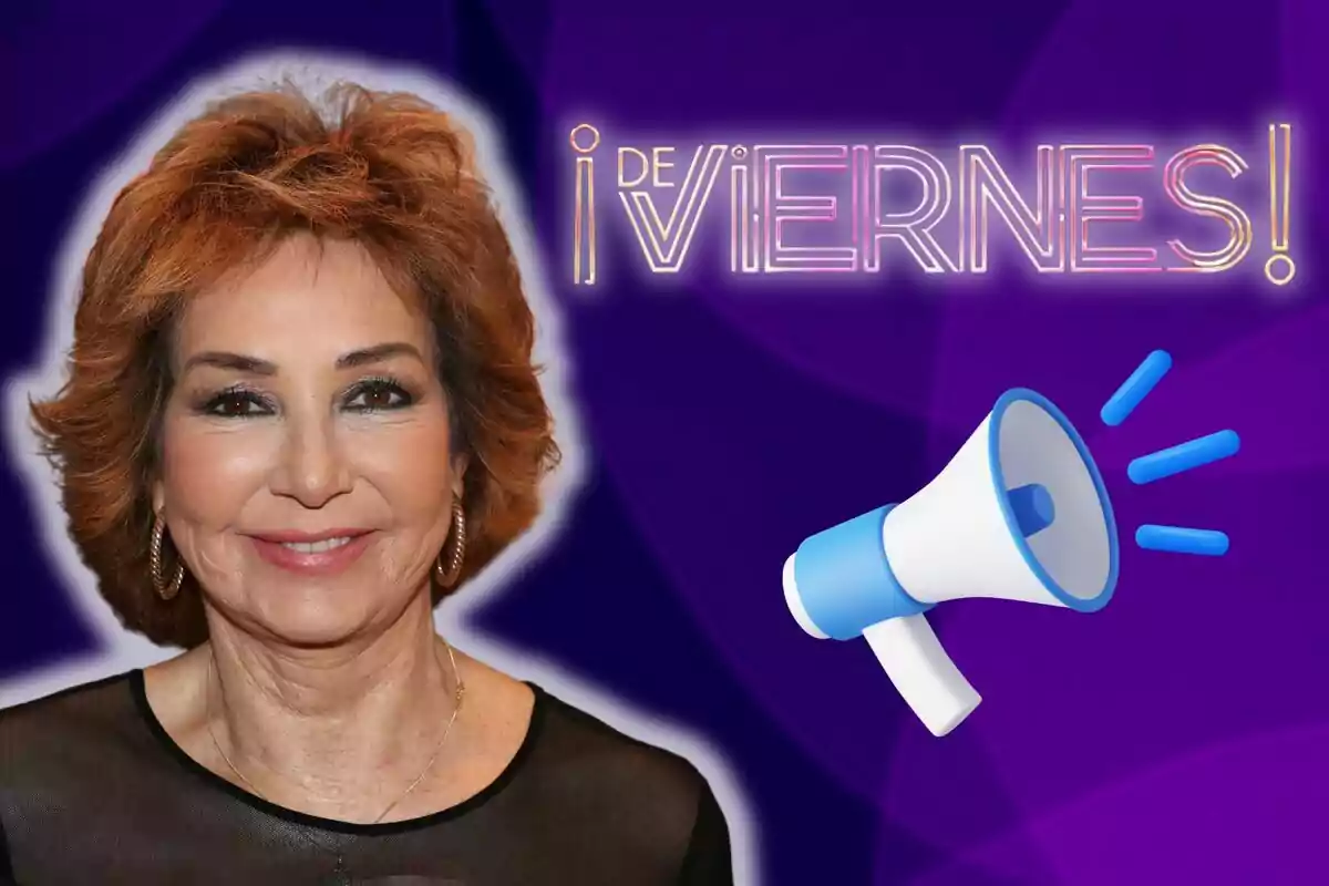 Ana Rosa Quintana, smiling with light brown hair, appears next to a megaphone and text that says "It's Friday!" on a purple background.