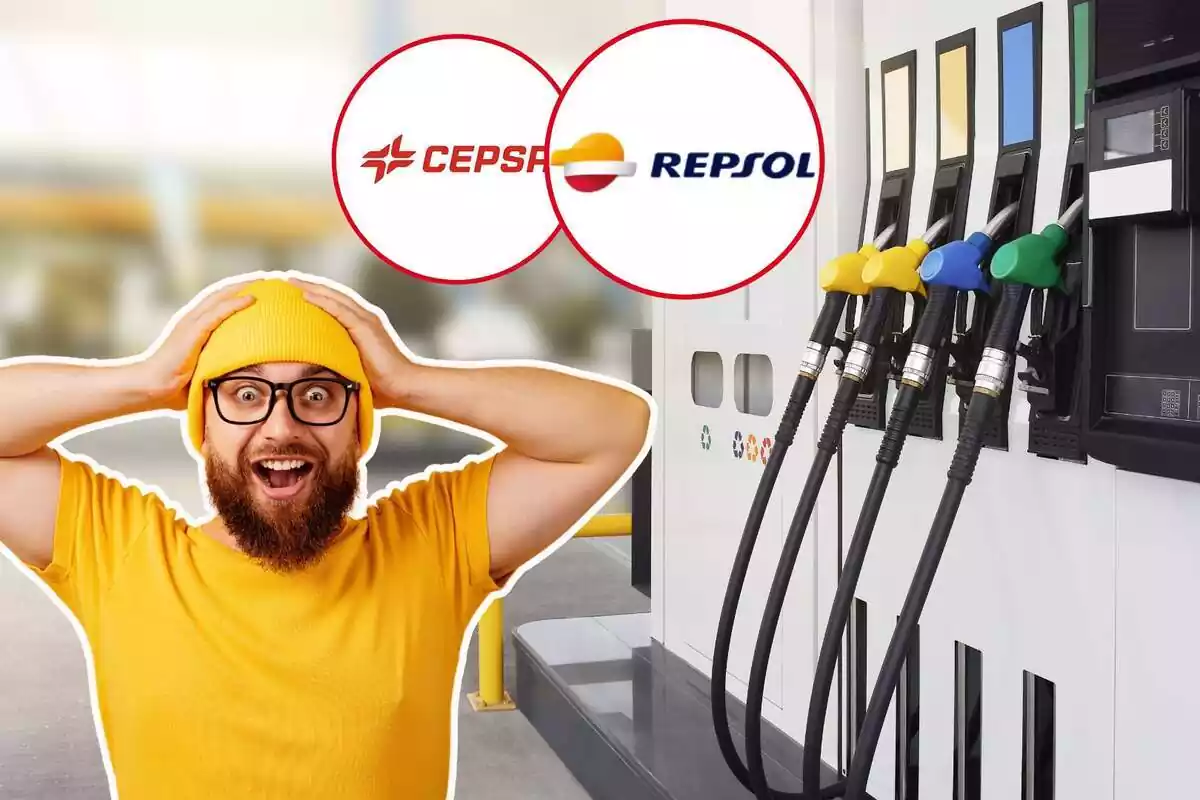 Una gasolinera, con un hombre llevándose las manos a la cabeza y el logo de Respol y Cepsa