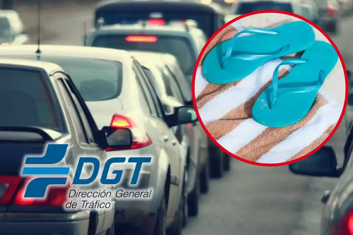 Una fila de coches en tráfico con el logo de la Dirección General de Tráfico y una imagen insertada de sandalias azules sobre una toalla.