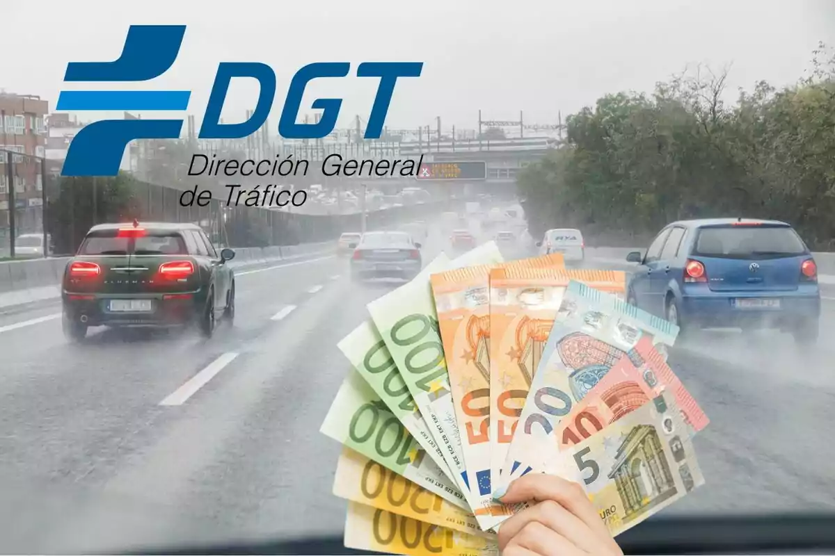 Montaje de una autovía con lluvia, el logo de la DGT y billetes de euro