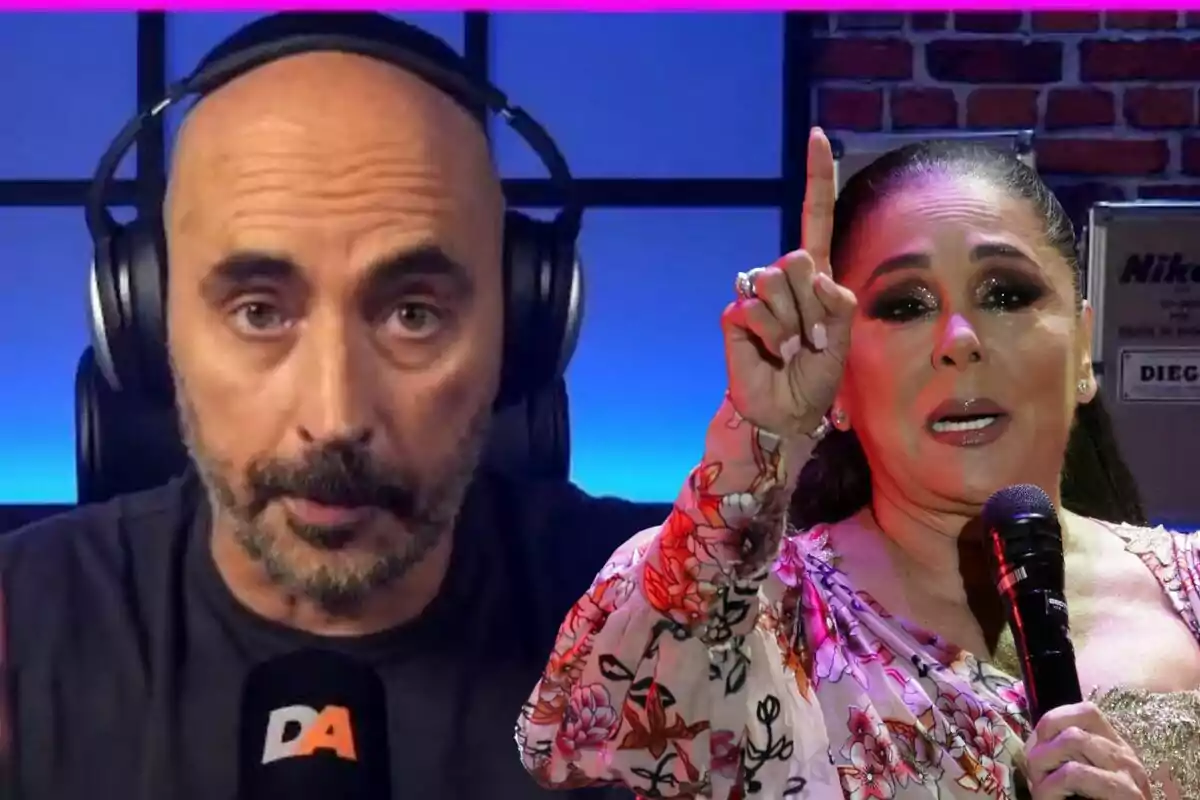 Diego Arrabal con auriculares y micrófono junto a Isabel Pantoja con vestido floral y micrófono en mano.