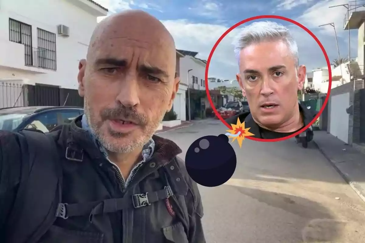 Montaje de una captura de un video de Diego Arrabal grabándose en la calle mientras habla y al lado un recorte de Kiko Hernández serio con la boca abierta con una bomba al lado