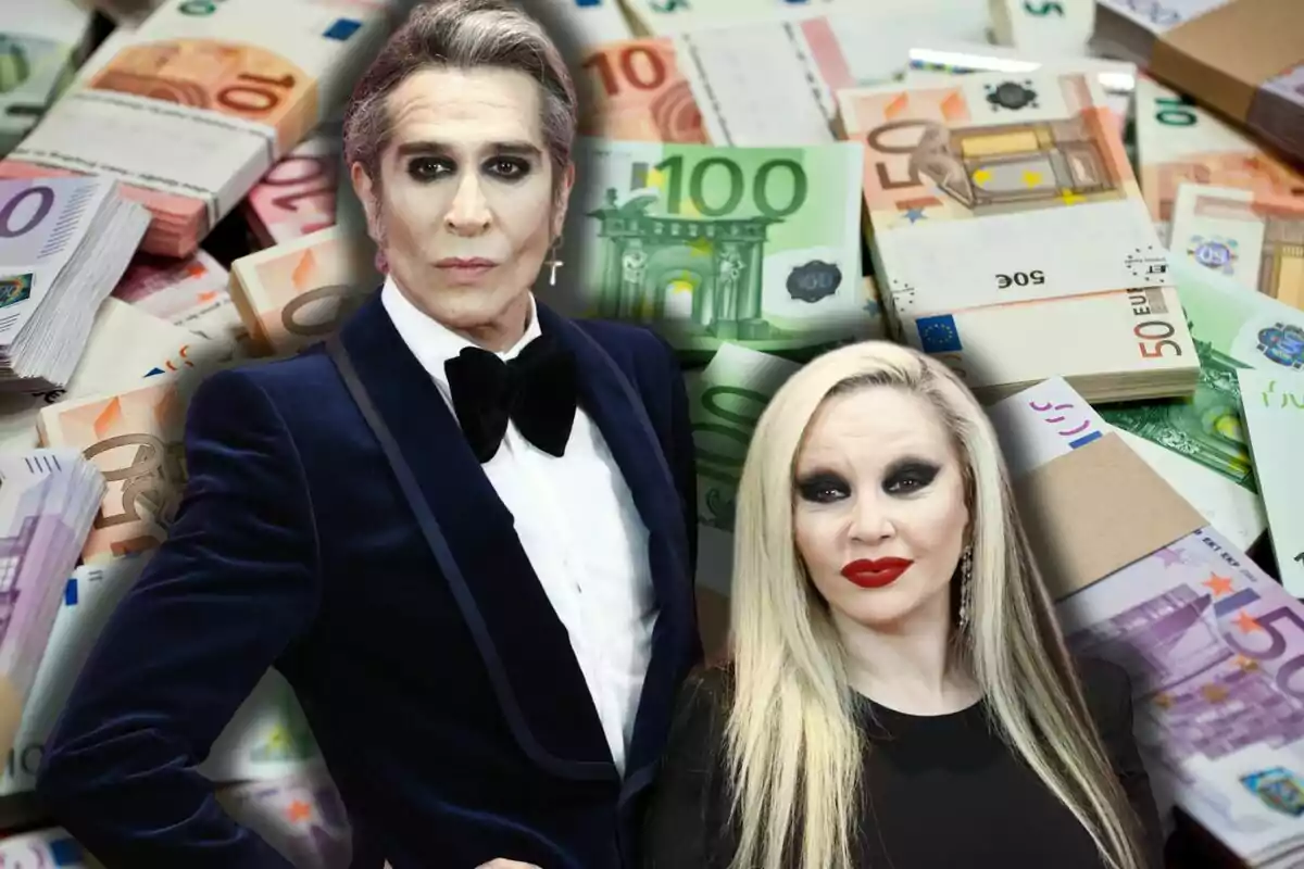 Mario Vaquerizo and Alaska with dark makeup and elegant attire pose in front of a background of euro bills.