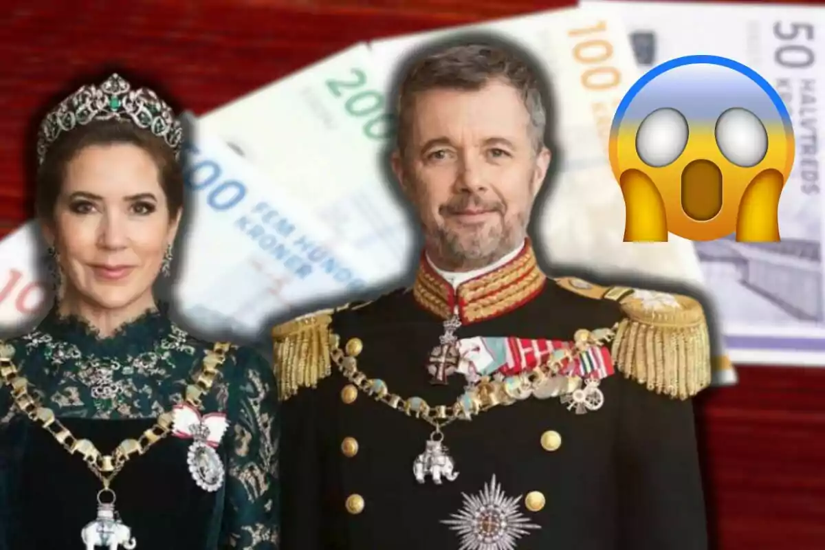 Una pareja vestida con trajes formales y adornos, con billetes de fondo y un emoji sorprendido.