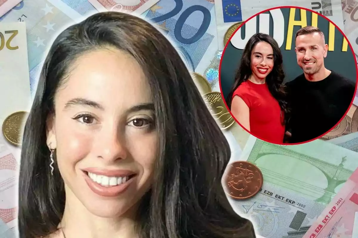 Macarena Millán sonriente en primer plano con billetes y monedas de euro de fondo y un recuadro que muestra a la misma mujer junto a Rafa Mora en un evento.