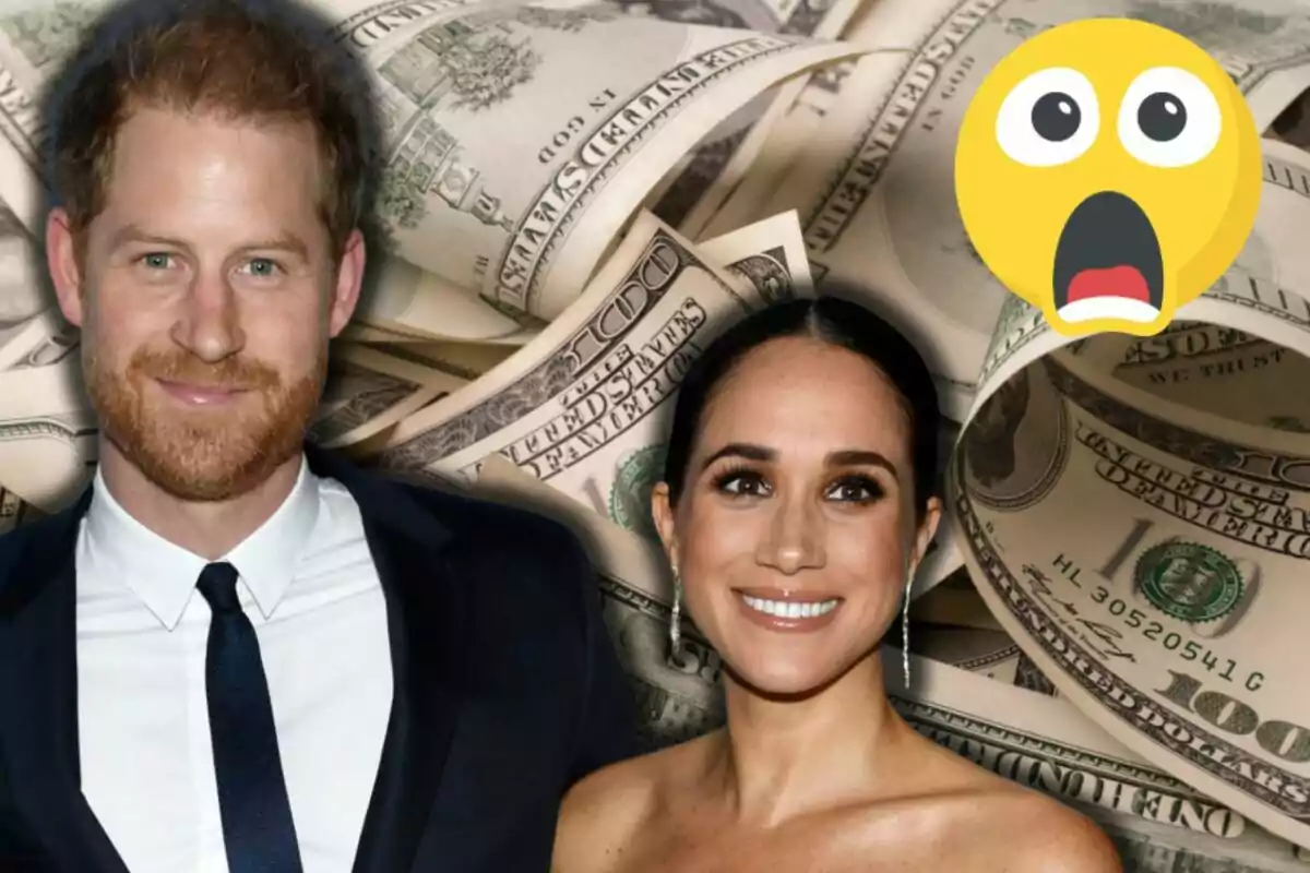 El príncipe Harry y Meghan Markle sonriente frente a un fondo de billetes de dólar con un emoji sorprendido.