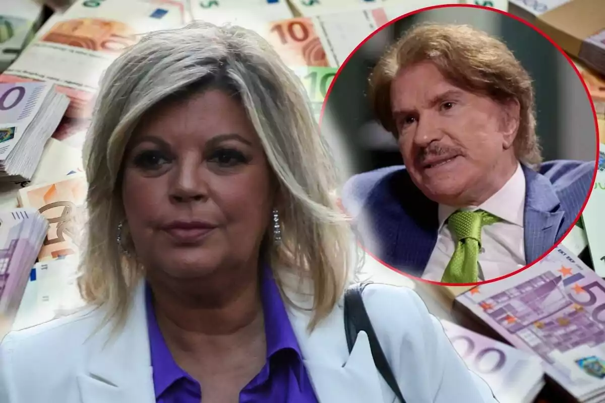 Terelu Campos rubia con chaqueta blanca y camisa morada aparece en primer plano con billetes de euro de fondo y Edmundo Arrocet en un círculo rojo en la esquina superior derecha.