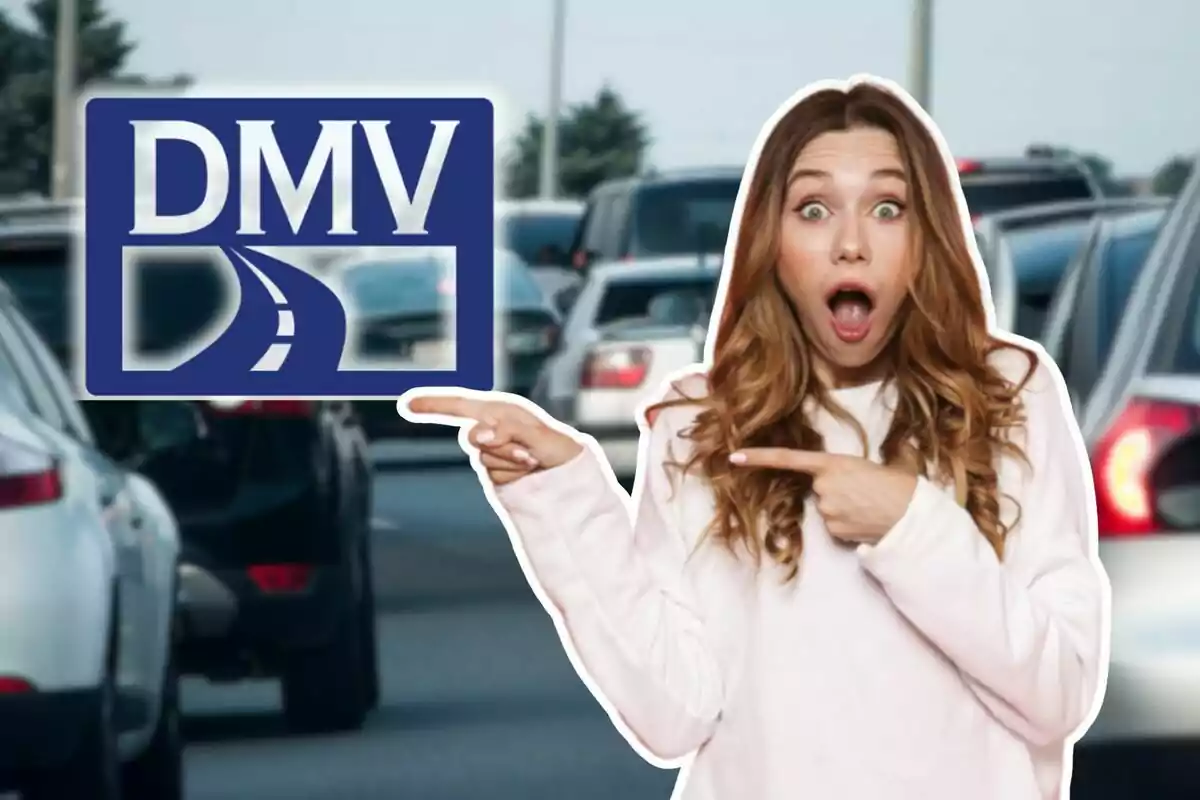 Surprised woman pointing at a DMV sign with a background of car traffic