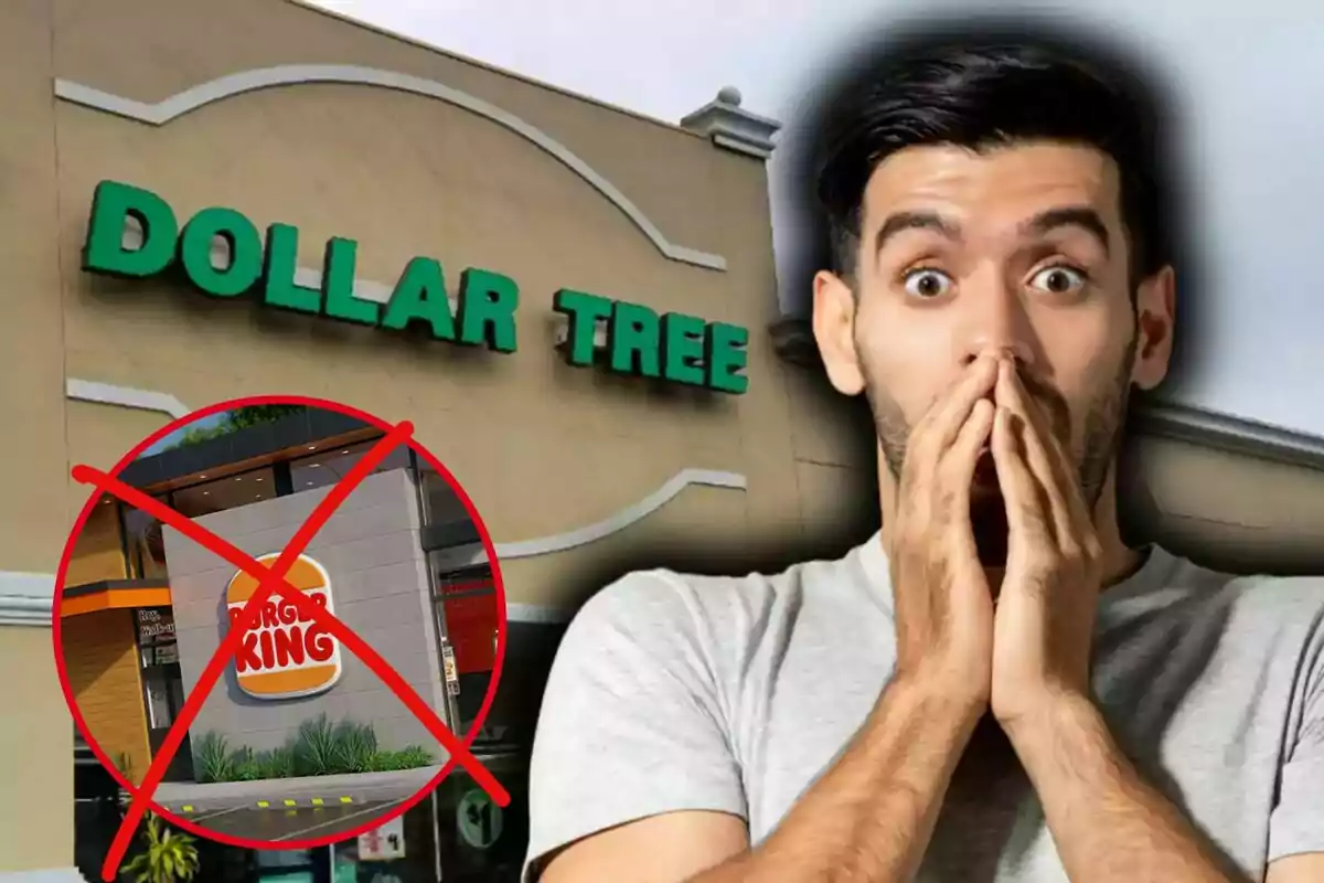 Hombre sorprendido frente a una tienda Dollar Tree con un letrero de Burger King tachado