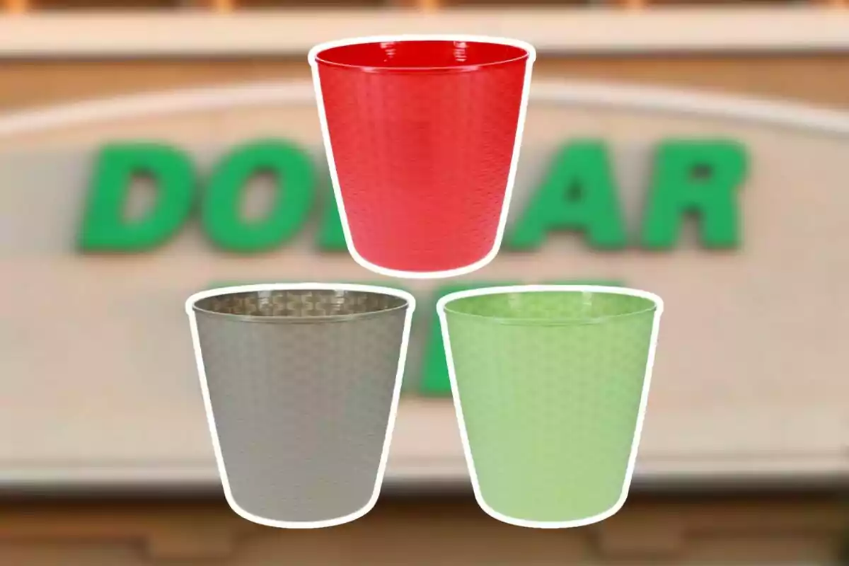 Three plastic trash cans in red, gray, and green with a blurred background of a Dollar Tree store Three plastic trash cans in red, gray, and green with a blurred background of a Dollar Tree store