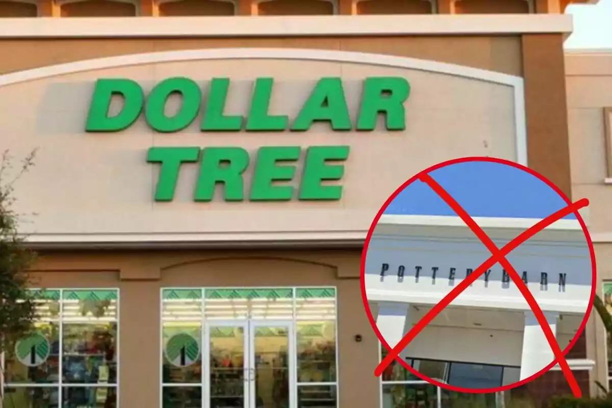 Storefront of a Dollar Tree with a red circle crossing out the image of a Pottery Barn store.