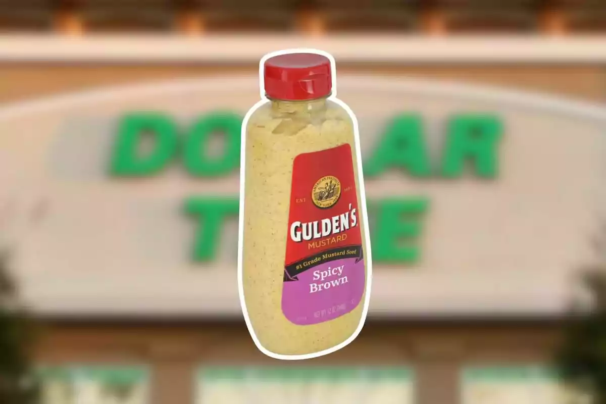 Gulden's Spicy Brown mustard bottle with a red cap in front of a blurry Dollar Tree sign