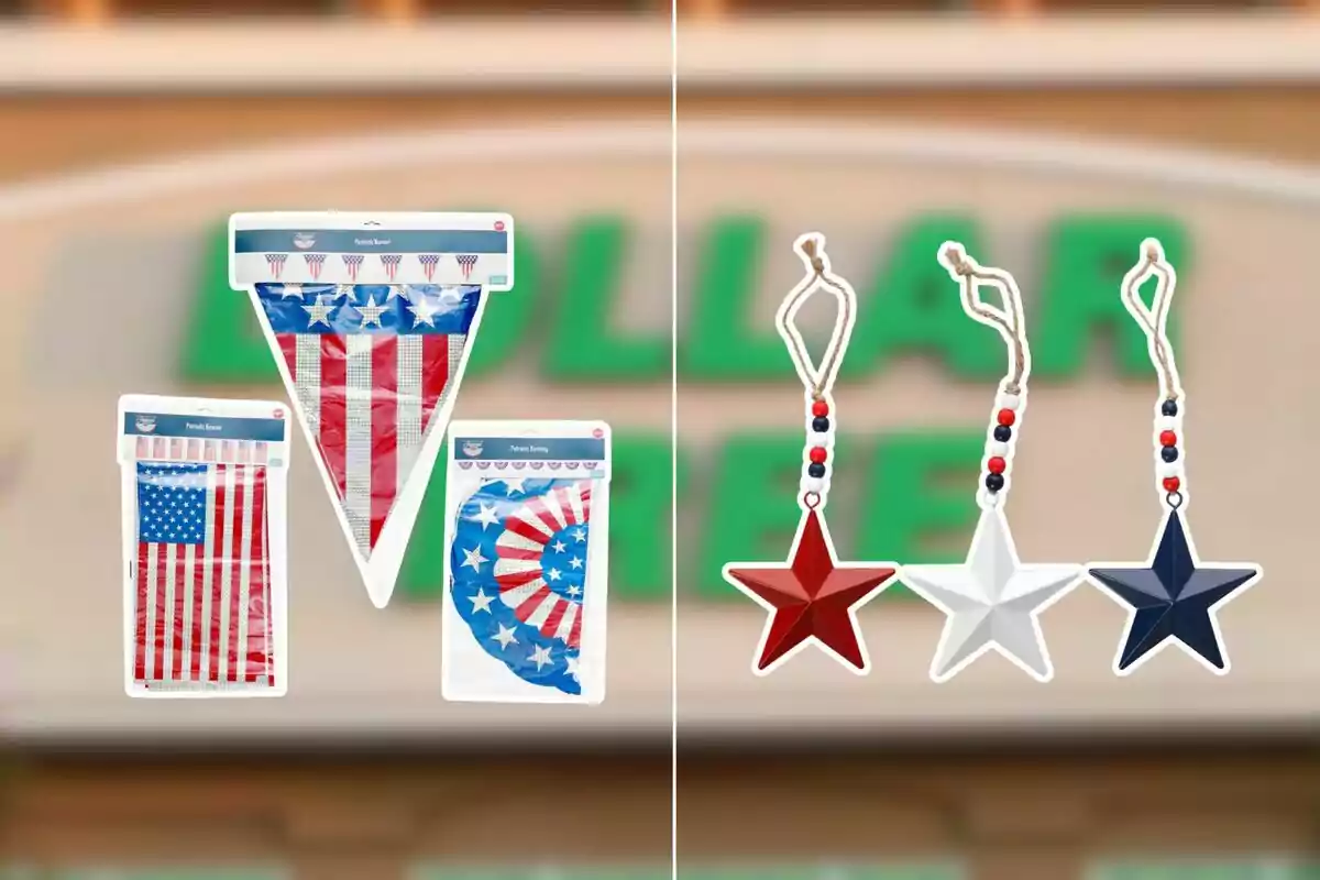 Imagen de decoraciones patrióticas con diseños de la bandera de Estados Unidos, incluyendo banderines y estrellas colgantes en colores rojo, blanco y azul. Imagen de decoraciones patrióticas con diseños de la bandera de Estados Unidos, incluyendo banderines y estrellas colgantes en colores rojo, blanco y azul.