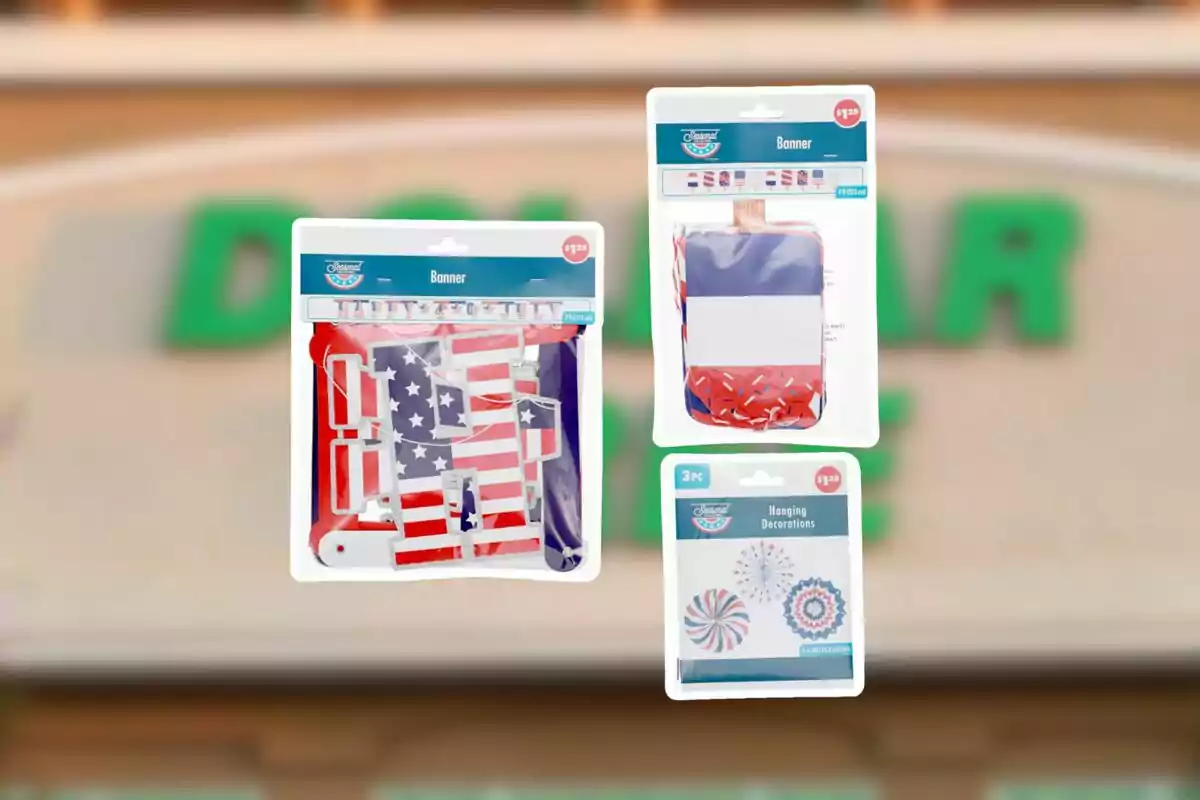 La imagen muestra tres paquetes de decoraciones festivas con temática de banderas y colores patrióticos, exhibidos frente a un fondo borroso de una tienda. La imagen muestra tres paquetes de decoraciones festivas con temática de banderas y colores patrióticos, exhibidos frente a un fondo borroso de una tienda.