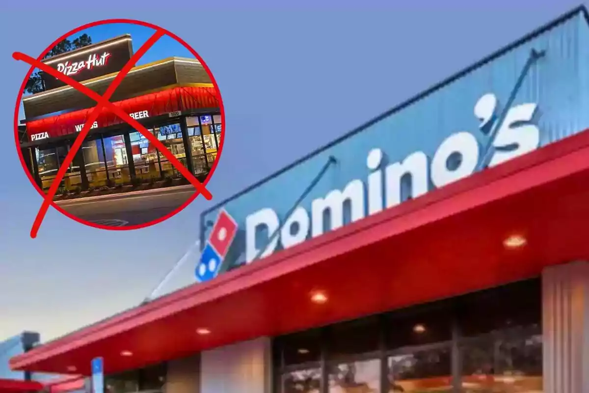 Facade of a Domino's branch in the foreground with an image of Pizza Hut crossed out in a red circle in the upper left corner