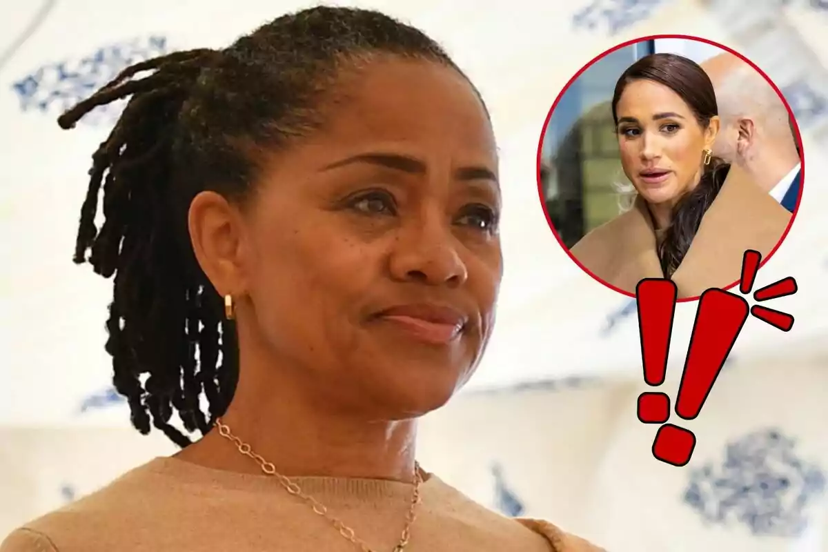 Doria Ragland con expresión seria y un recuadro con Meghan Markle y signos de exclamación.