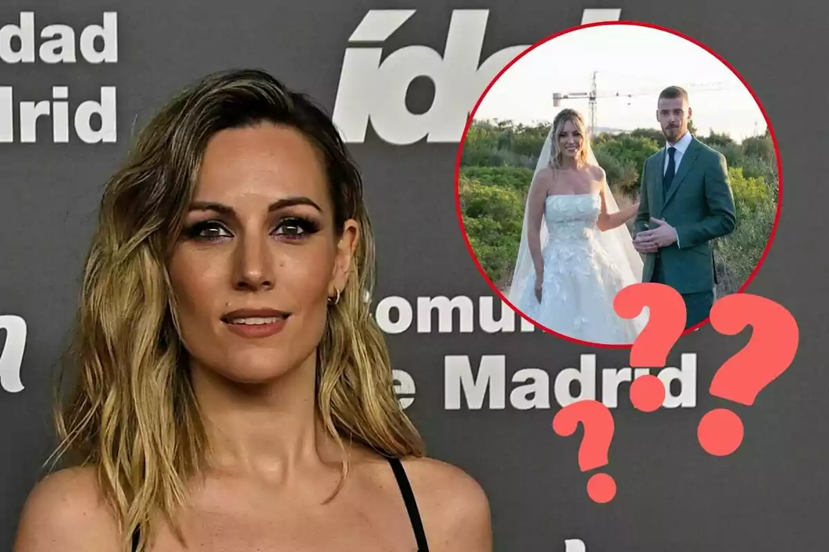 Edurne posa frente a un fondo con texto, mientras en la esquina superior derecha hay una imagen circular de ella y David de Gea vestida de novios con signos de interrogación.