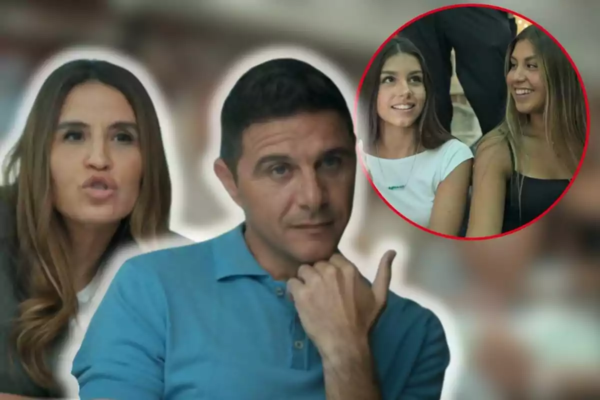 Susana Saborido y Joaquín Sánchez en primer plano con una expresión seria, y en un círculo rojo al fondo, Salma y Daniela Sánchez sonriendo.