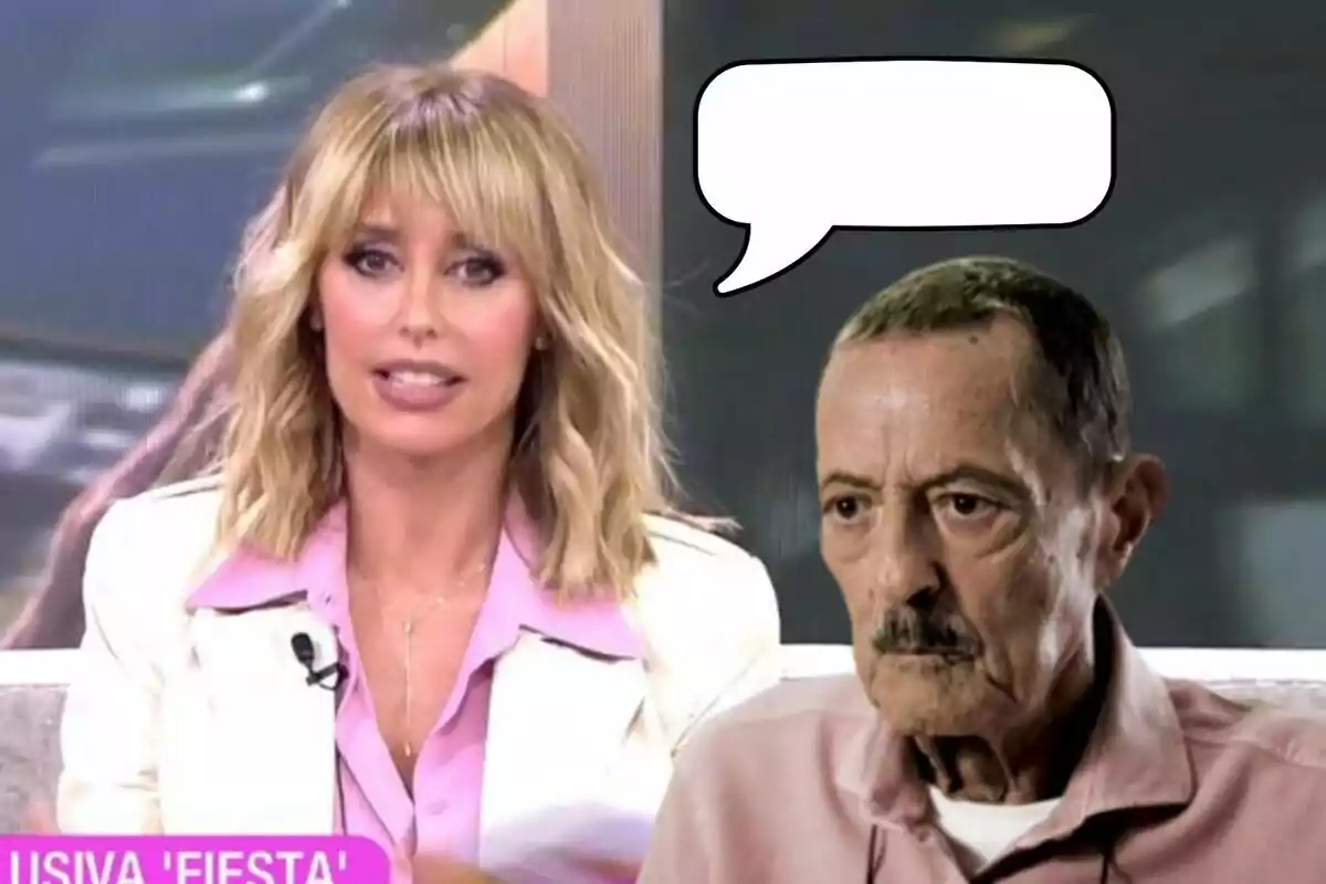 Emma García con una blusa rosa y chaqueta blanca está hablando en un programa de televisión, mientras Julián Muñoz con bigote y camisa rosa aparece al lado con un globo de diálogo vacío.