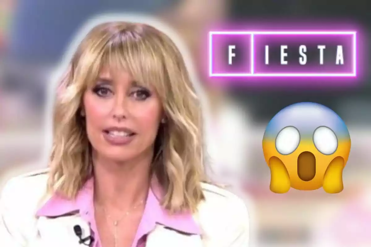 Emma García con cabello rubio y expresión seria en un programa de televisión con la palabra "FIESTA" en letras brillantes y un emoji sorprendido.