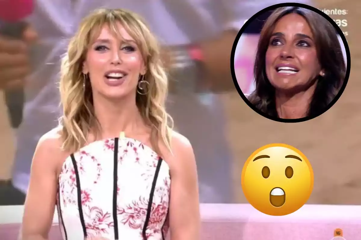 Montaje con Emma García, sonriente en el plató de 'Fiesta'; Carmen Alcayde, dentro de un círculo negro visiblemente emocionada, y un emoticono de sorpresa