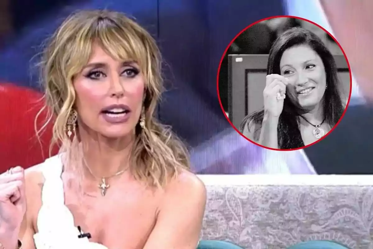 Emma García con un vestido blanco y pendientes dorados está hablando en un programa de televisión, mientras que en la esquina superior derecha hay una imagen en blanco y negro de Carmen Ordóñez sonriendo dentro de un círculo rojo.