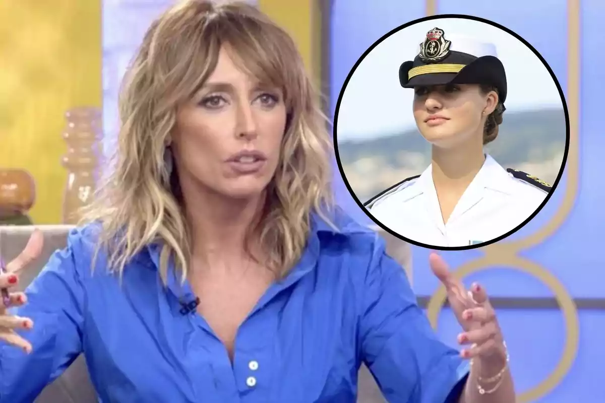 Montaje con Emma García, con cabello rubio y ondulado, vestida con una camisa azul, gesticulando en 'Fiesta'; en la esquina superior derecha de la imagen hay un círculo con la imagen de Leonor vestida con uniforme naval.